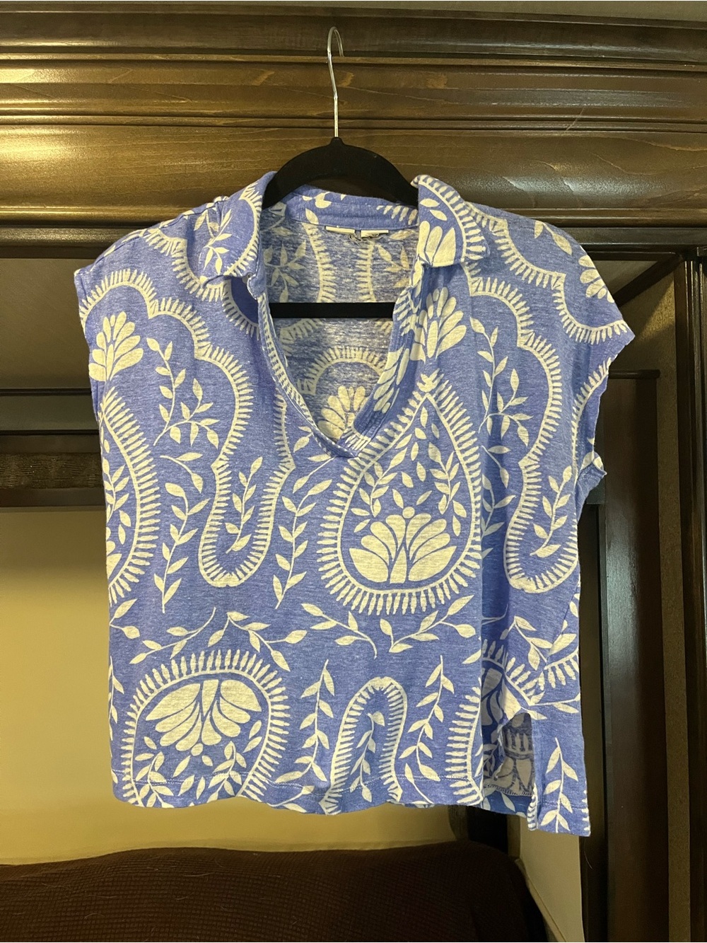 Blue Paisley-Print V-Neck Polo Blouse